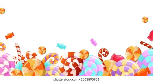 Border of colorful rainbow lollipops, sweet candies, caramel. Bright background with candies. Vector design for wrapping, fabric, interior decor, textile, print, brochure, label, wallpaper greeting