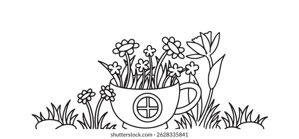  livro de coloração de borda. xícara de casa de fadas em flores. ilustração vetorial doodle