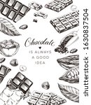 Border composition of chocolate and cocoa, retro hand drawn vector illustration. Frame by chocolate bars, cocoa beans, nuts. Template element for packaging design, vintage sketch on white background.