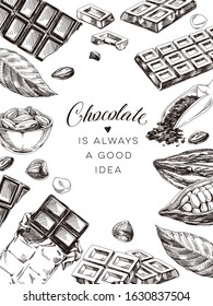 Border composition of chocolate and cocoa, retro hand drawn vector illustration. Frame by chocolate bars, cocoa beans, nuts. Template element for packaging design, vintage sketch on white background.