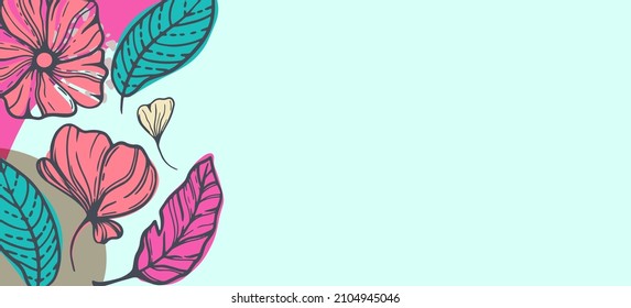 Border composition of hand-drawn floral elements and abstract geometric forms. Banner design good for Easter womens day.