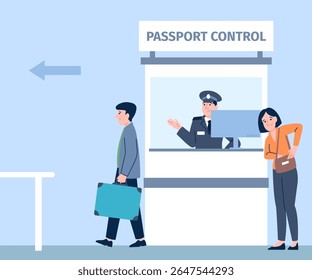 Controlo fronteiriço no aeroporto ou porto. Turistas mostram documentos, polícia de fronteira. Conceito de viagem plana, segurança e conforto, ilustração vetorial