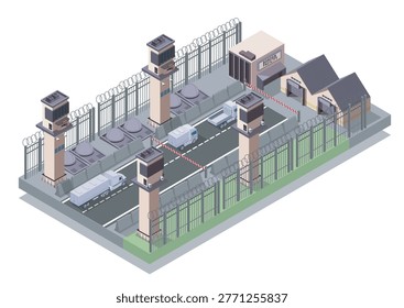 Border control area with guard towers, vehicles, fenced perimeter in isometric style on white background, depicting security and protection concept. Hand-drawn vector illustration