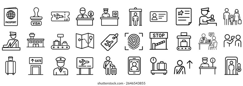 Border Control and Immigration Stroke Icon Set – Passport Check, Visa Application, Airport Security, Customs Inspection.