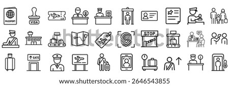 Border Control and Immigration Stroke Icon Set – Passport Check, Visa Application, Airport Security, Customs Inspection.