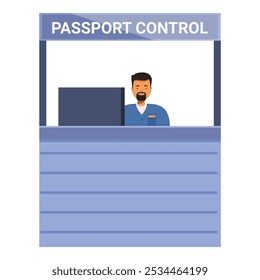 Funcionário do controlo de fronteiras de pé na cabina, a verificar os passaportes no aeroporto