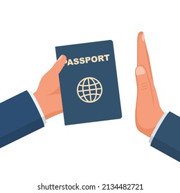 Border control. Passport control. Man gives an identification document to verify. Failure to cross into another country.  Vector illustration. No sign. Rejection gestures.