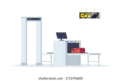 Border control semi flat RGB color vector illustration. Security check equipment for airport terminal. Baggage check. Luggage conveyor belt isolated cartoon object on white background