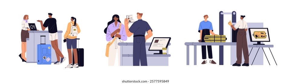 Border control set. Passengers are at check in counter, baggage and passport checkpoint. Customs safety guard inspects luggage of travelling tourists. Flat isolated vector illustrations on white