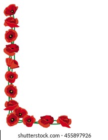 Border corner of red poppies for decoration or remembrance