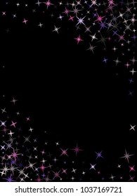 Border corners of star sparkle texture glitter pattern. Colorful confetti of flying stars, magic geometric sparkles frame. Modern party design.