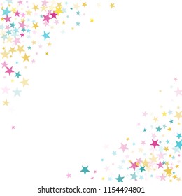Border corners of star sparkle texture glitter pattern. Premium colored confetti of flying stars, magic geometric sparkles stardust vector background frame. Carnival party design.