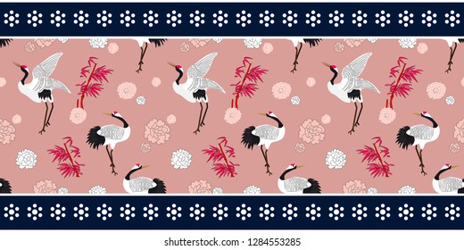 Border with cranes and flowers. Seamless vector pattern with Japanese motifs. Oriental textile collection. 