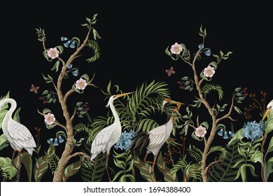 Border Cranes Peonies Chinoiserie Style Vector Stock Vector (Royalty ...