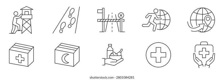 Border crossing icon set featuring watchtower, footprints, checkpoint, global migration and humanitarian aid vector illustration.