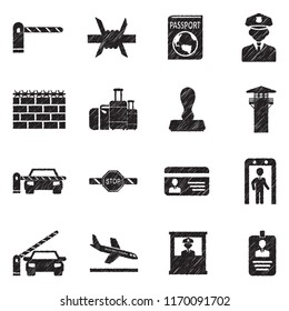 Border Crossing Icons. Black Scribble Design. Vector Illustration.