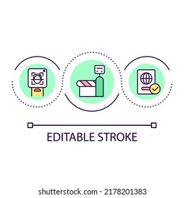 Border Crossings Control With Biometric Technology Loop Concept Icon. International Boundaries Abstract Idea Thin Line Illustration. Isolated Outline Drawing. Editable Stroke. Arial Font Used