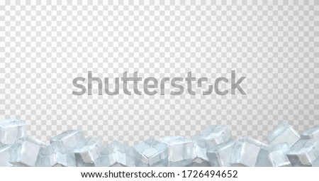 Border of crystal ice cubes on transparent background. Bottom edging consisting of blocks of frozen water. Frame, row. Horizontal vector banner template for chilled beverages, cocktails, ice cream.