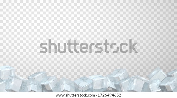 Border of crystal ice cubes on transparent\
background. Bottom edging consisting of blocks of frozen water.\
Frame, row. Horizontal vector banner template for chilled\
beverages, cocktails, ice\
cream.