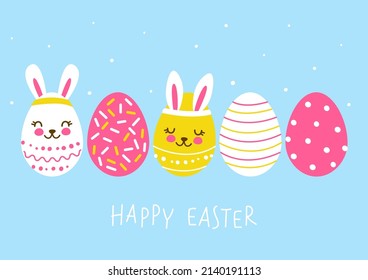 Border with cute decorated eggs  - cartoon greeting card for happy Easter design