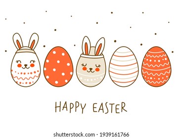 Borde con adorables huevos decorados aislados en blanco - tarjeta de saludo de dibujos animados para el diseño feliz de Pascua