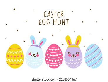 Border with cute decorated eggs isolated on white - cartoon greeting card for happy Easter design