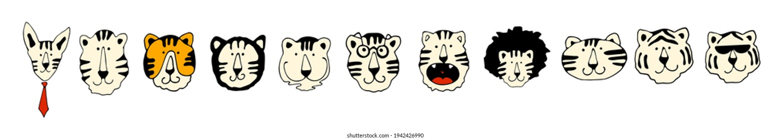 Border of cute tigers. Vector illustration.Wild animal. Symbol of 2022. Cute animal character idea for child and kid printable stuff and t shirt, greeting card, nursery wall art, postcard