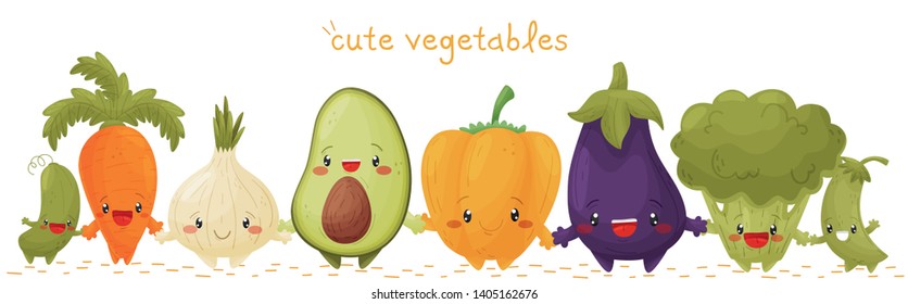 Border of cute vegetables. Fun character in cartoon style