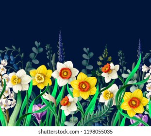 Border with daffodils and wild flowers. 