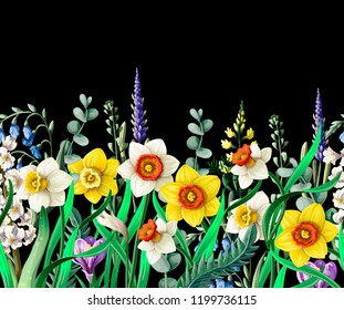 Border with daffodils and wild flowers. 