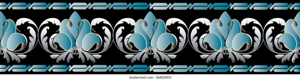 Border. Damask floral baroque vector seamless border pattern background with beautiful blue 3d paisley lotus flowers, leaves and decorative antique ornaments.