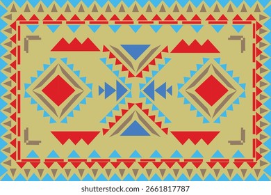 Der Rahmen ist mit abwechselnden roten und blauen Dreiecken dekoriert, wodurch ein lebendiger und rhythmischer Rahmen um die Komposition entsteht. Das Design hat eine dynamische und kulturell reiche Ästhetik, häufig 