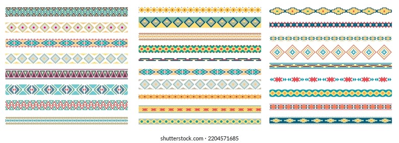 Border decoration elements with colorful patterns. Ethnic style collections. Vector illustrations.