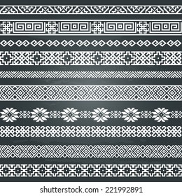 Border decoration elements patterns in black and white colors on chalkboard background. Most popular ethnic border in one mega pack set collections. Vector illustrations. 