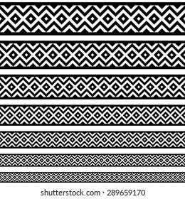 Border decoration elements patterns in black and white colors. Geometrical ethnic border  in different sizes set collections. Vector illustrations. Can use as tattoos, frames, patterns, dividers