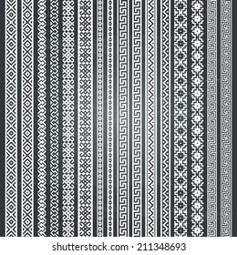 Border decoration elements patterns. Most popular vertical ethnic border in one mega pack set collections. Isolated on chalkboard background. Vector illustrations. Could be used as divider, frame, etc