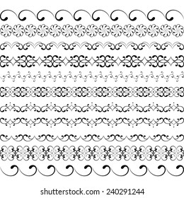 Border decoration elements patterns in one mega pack set collections. The most popular simple swirl smooth dividers in black color on white. Vector illustration. 