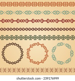 Border decoration elements patterns and round frames in colors isolated on background. Popular ethnic borders in one mega pack set collections. Vector illustration. 