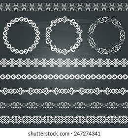 Border decoration elements patterns and round frames in white color on chalkboard background. Popular ethnic borders in one mega pack set collections. Vector illustration. 