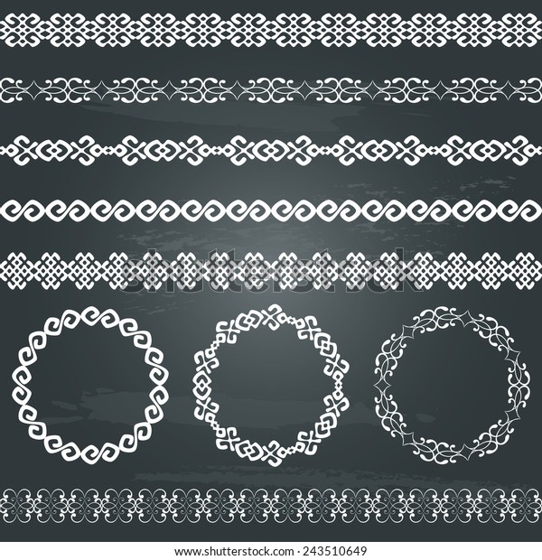 Border decoration\
elements patterns and round frames in white color on chalkboard\
background. Popular ethnic borders in one mega pack set\
collections. Vector illustration.\
