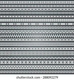 Border decoration elements patterns in white color isolated on chalkboard background. Most popular ethnic border in one mega pack set collections. Vector illustrations.