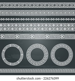 Border decoration elements in white color on chalkboard background. Most popular ethnic borders in one mega pack set collections. Vector illustrations. Could be used as divider, frame, etc 