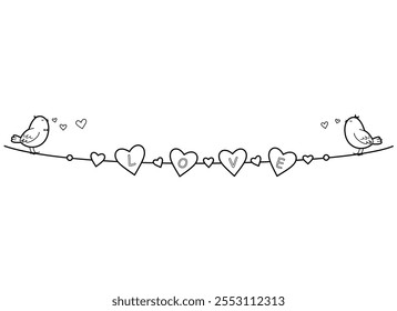 Rand, Dekoration Girlande. Liebe Thema Romantik, Valentinstag.  Singvögel und Herzen. Einfache Rahmengrafik einzeln auf weißem Hintergrund	