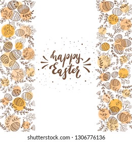Border from decorative eggs with abstract orange circles and floral elements. Lettering Happy Easter on white background, illustration.