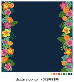 Border decorative vector with hibiscus, palm leaves and fruits