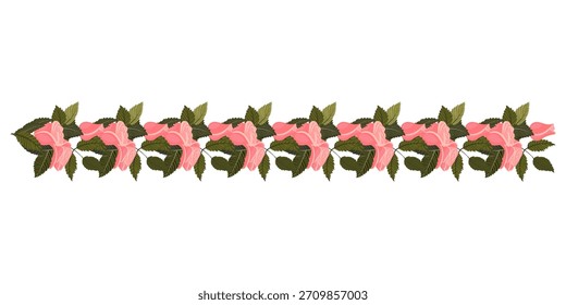 Un borde de delicadas rosas de color rosa claro y cogollos para su diseño. Ilustración vectorial aislada en un fondo blanco.