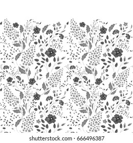 The border of delicate little gray flowers on white background from above. Flat lay style.