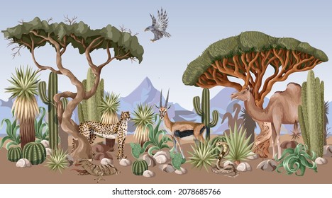 Borde con animales del desierto, cactús y árboles. Vector.