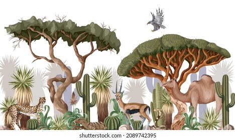 Border With Desert Animals, Cactuses And Trees. Vector.