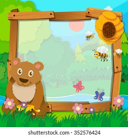Border design with bear and bees illustration